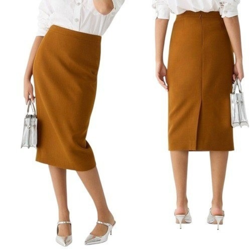 J.Crew, No. 3 Pencil Skirt 100% Wool Midi Skirt Mustard Camel Ochre Size 6 - Picture 2 of 14